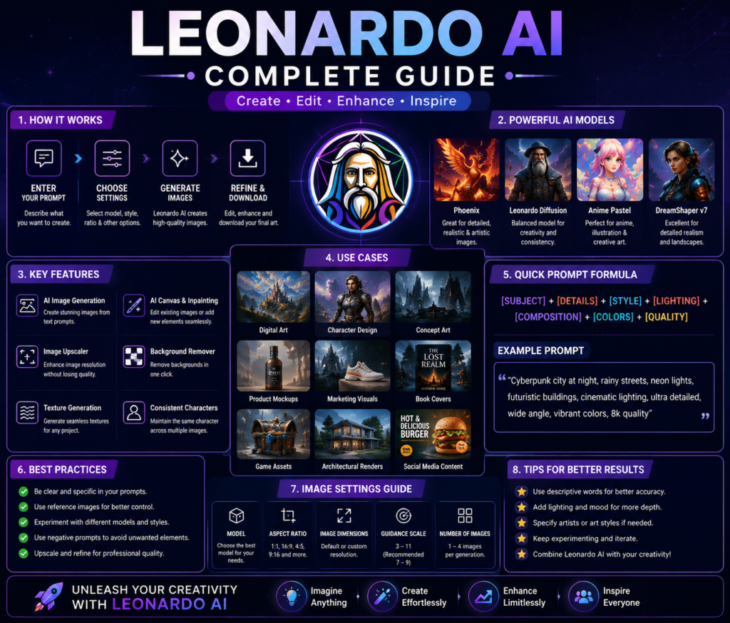 Leonardo AI Complete Guide infographic explaining workflow, AI models, key features, prompt formula, settings, and best practices.