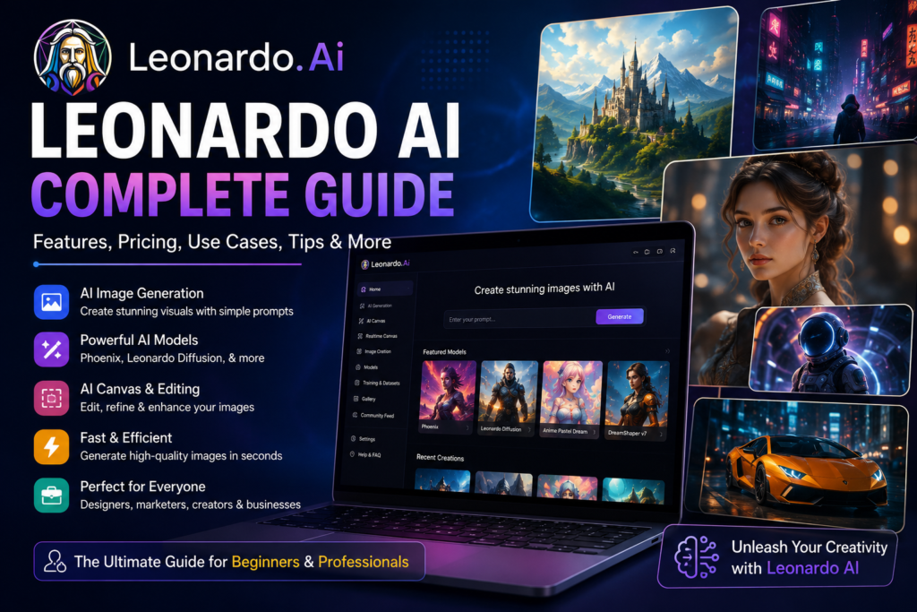 Leonardo AI Complete Guide showing AI image generation dashboard and creative artwork examples.