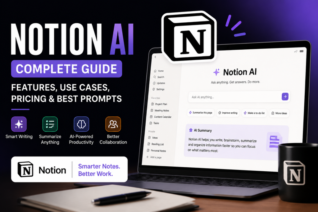 Notion AI Complete Guide showing features, pricing, use cases, AI writing assistant, productivity tools, and best prompts.