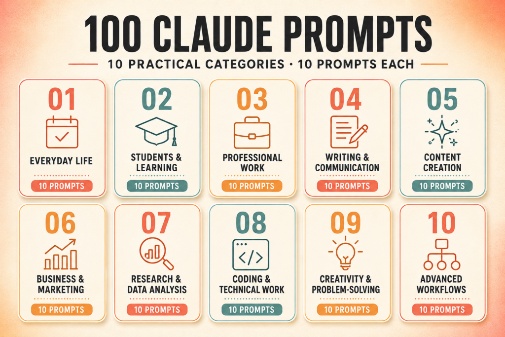 100 best Claude prompts organized into 10 categories for work, study, writing, coding and more