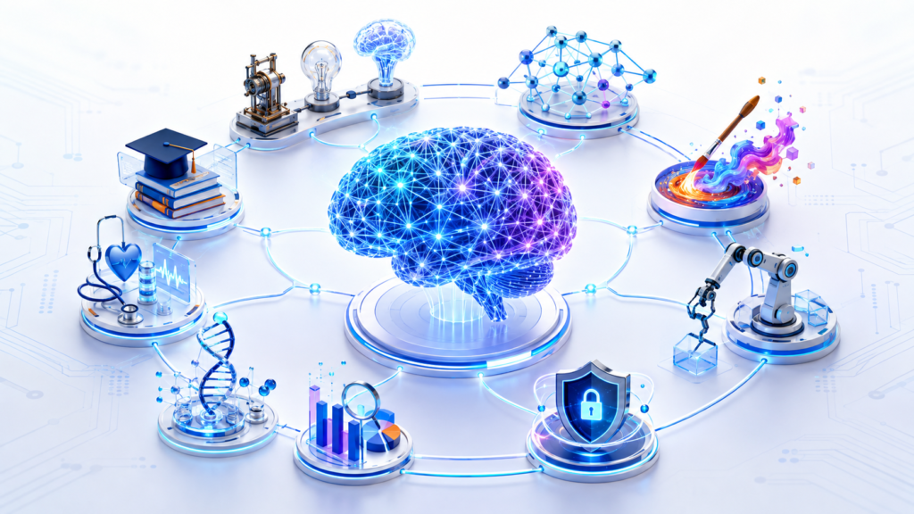 Amazing facts about artificial intelligence showing AI applications in education, healthcare, robotics, science, business, creativity and cybersecurity