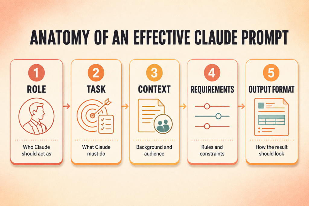 Structure used to create the best Claude prompts with role, task, context, requirements and output format