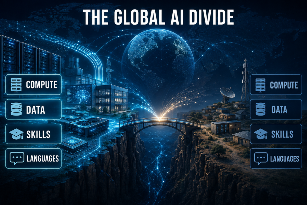 Global AI divide showing unequal access to computing power, data, skills and language technologies