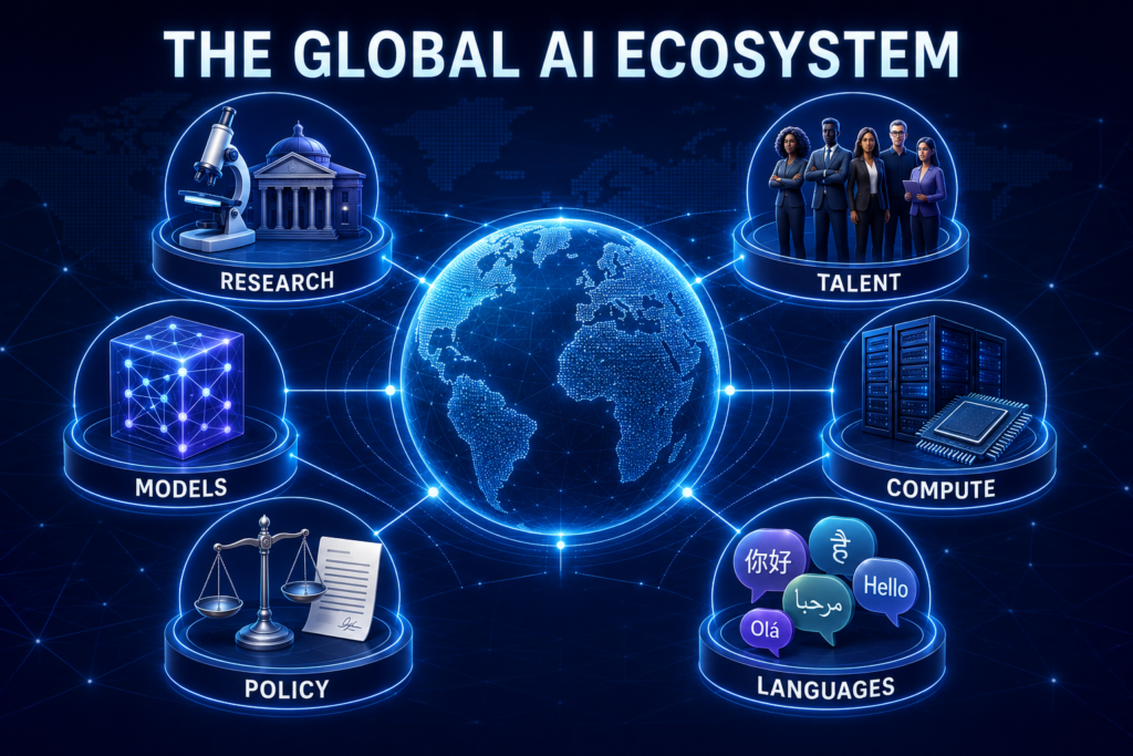 Global AI ecosystem connecting research, talent, computing infrastructure, AI models, policies and languages