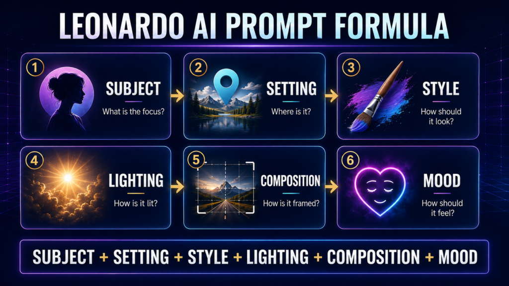 Leonardo AI prompt formula showing subject, setting, style, lighting, composition and mood