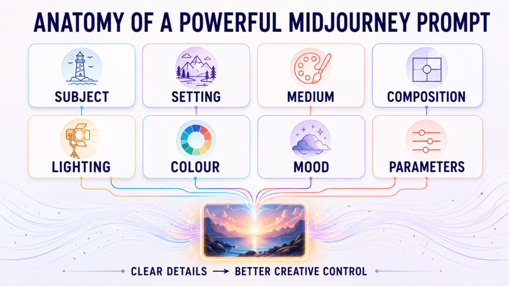 100 Best Midjourney Prompts infographic showing subject, setting, medium, composition, lighting, colour, mood and parameters
